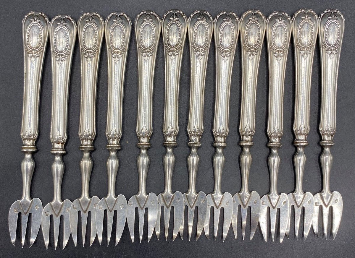 A Series Of Twelve Oyster Forks In Sterling Silver From The 19th Century French -photo-3