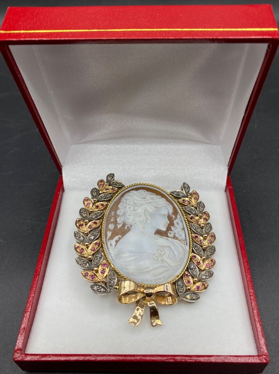 Gold And Silver Shell Cameo, Diamonds And Rubies, Italy Circa 1900