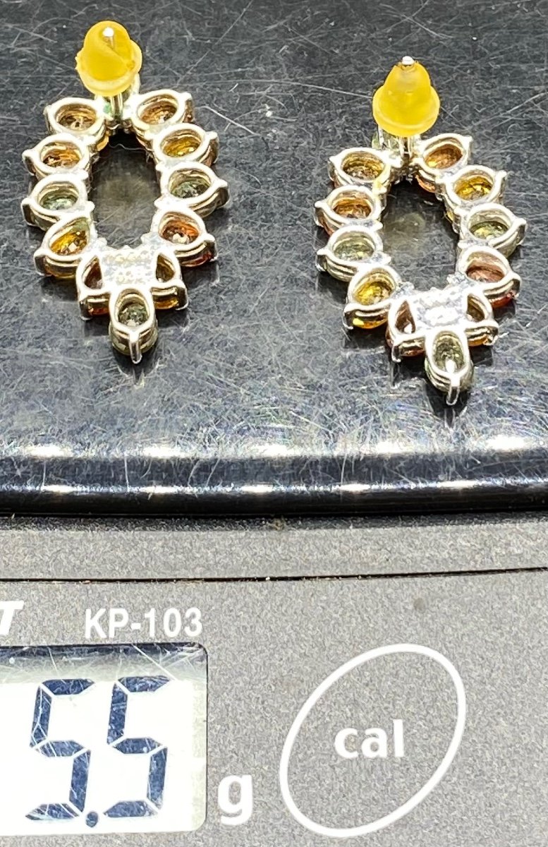 Pair Of Solid Silver Citrine And Dioptase Earrings Circa 1960/70 European-photo-4