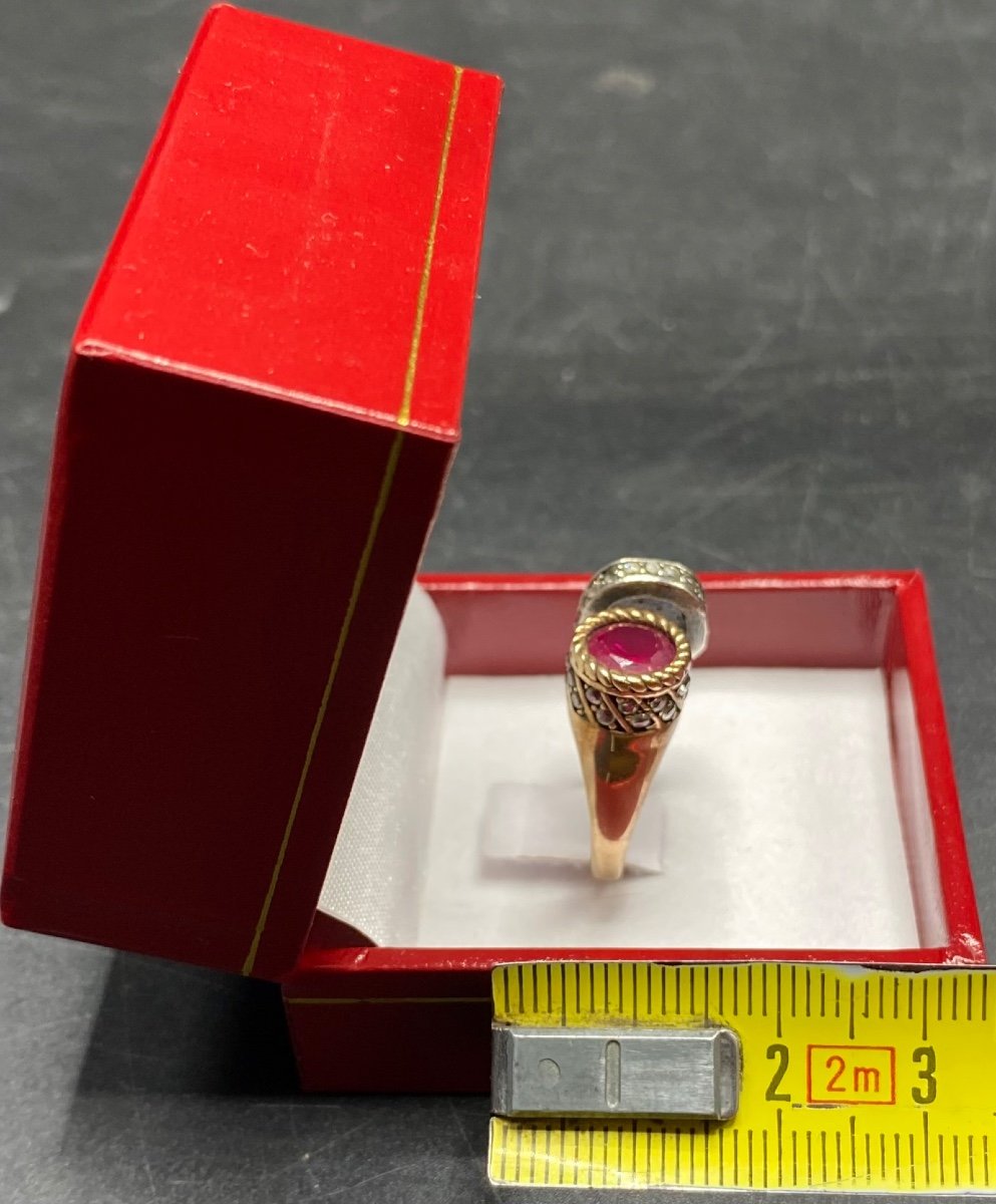 Sterling Silver Half Vermeil Ring With Zirconia And European Almandine Garnet Circa 1940-photo-5