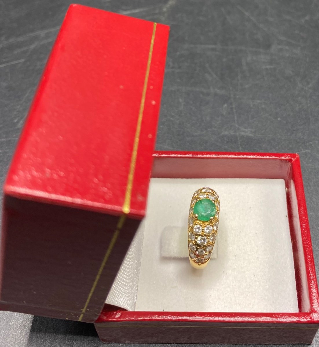 18k Gold French Emerald Ring With 28 Diamond Pave From The 1930s-photo-2