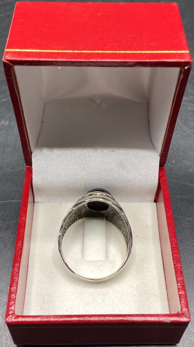 Large And Big 1930s European Sterling Silver Onyx Cabochon Ring-photo-2