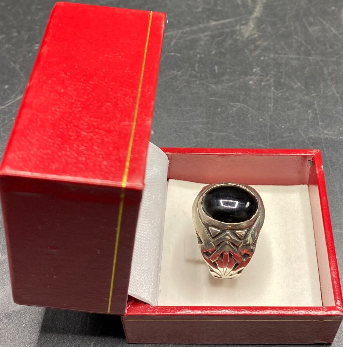 Large And Big 1930s European Sterling Silver Onyx Cabochon Ring-photo-4
