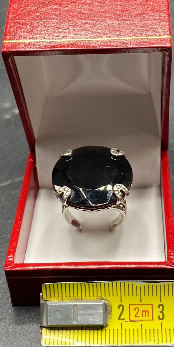1980s English Sterling Silver Ring With Large Onyx Cabochon-photo-5