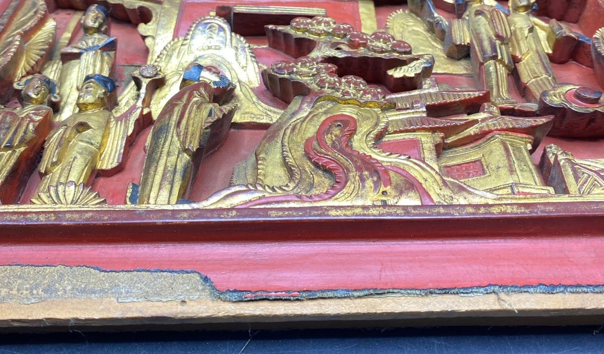 Red And Gold Lacquered Carved Wood Panel China 18th Century-photo-3