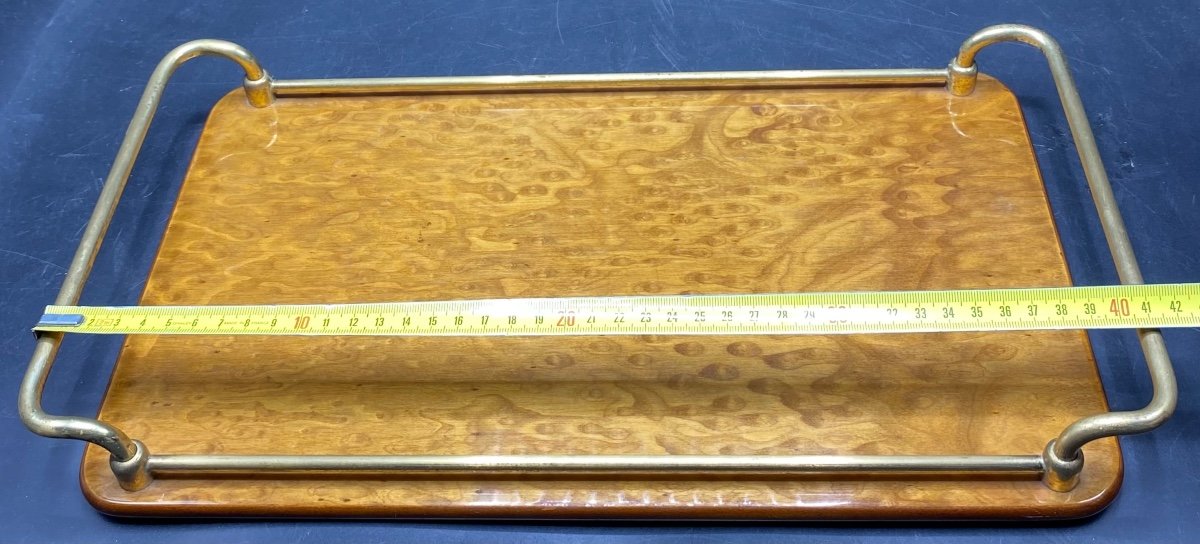 Italian Lacquered Burl Walnut And Gilt Brass Serving Tray Circa 1960-photo-4