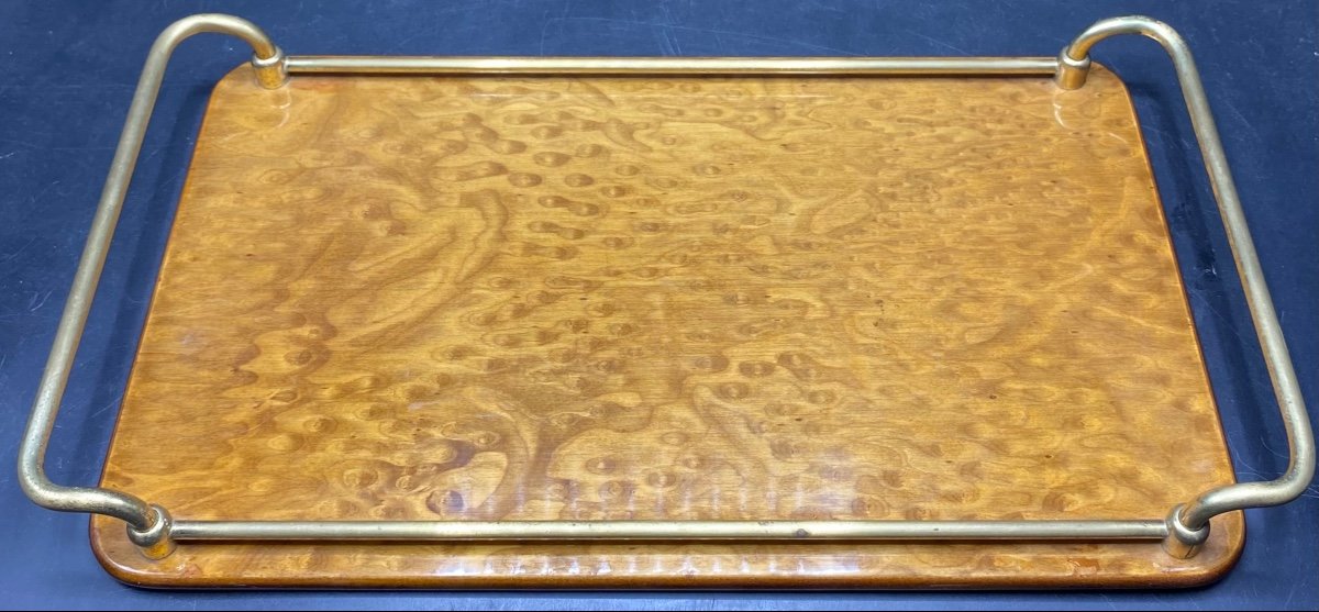 Italian Lacquered Burl Walnut And Gilt Brass Serving Tray Circa 1960