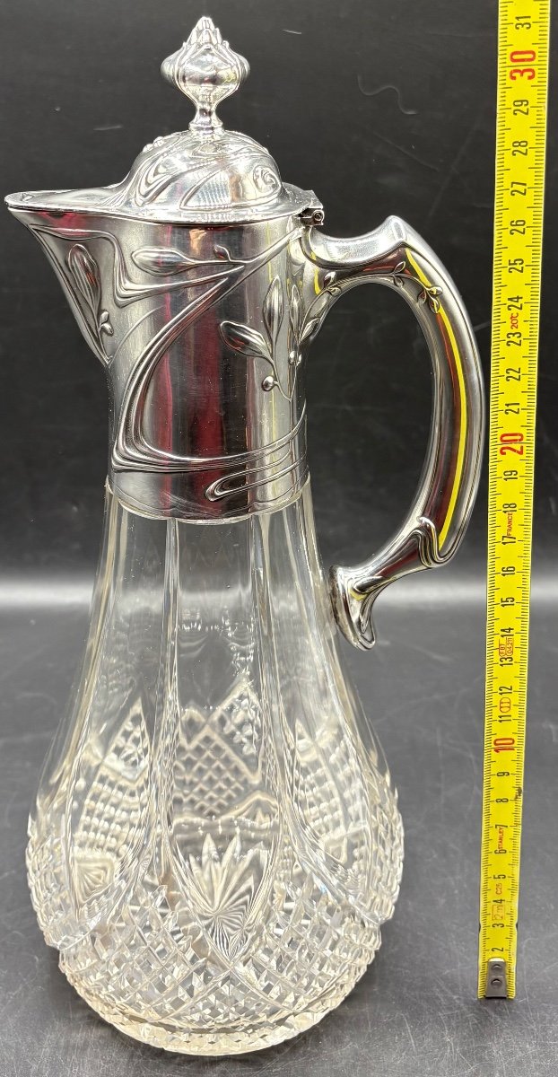 Grande Aiguière En Cristal Soufflé Taillé Et Argent Massif Allemand Vers 1900-photo-5