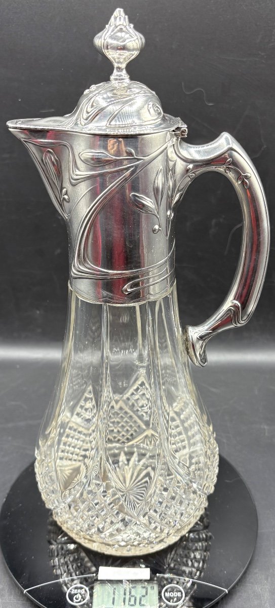 Grande Aiguière En Cristal Soufflé Taillé Et Argent Massif Allemand Vers 1900-photo-7