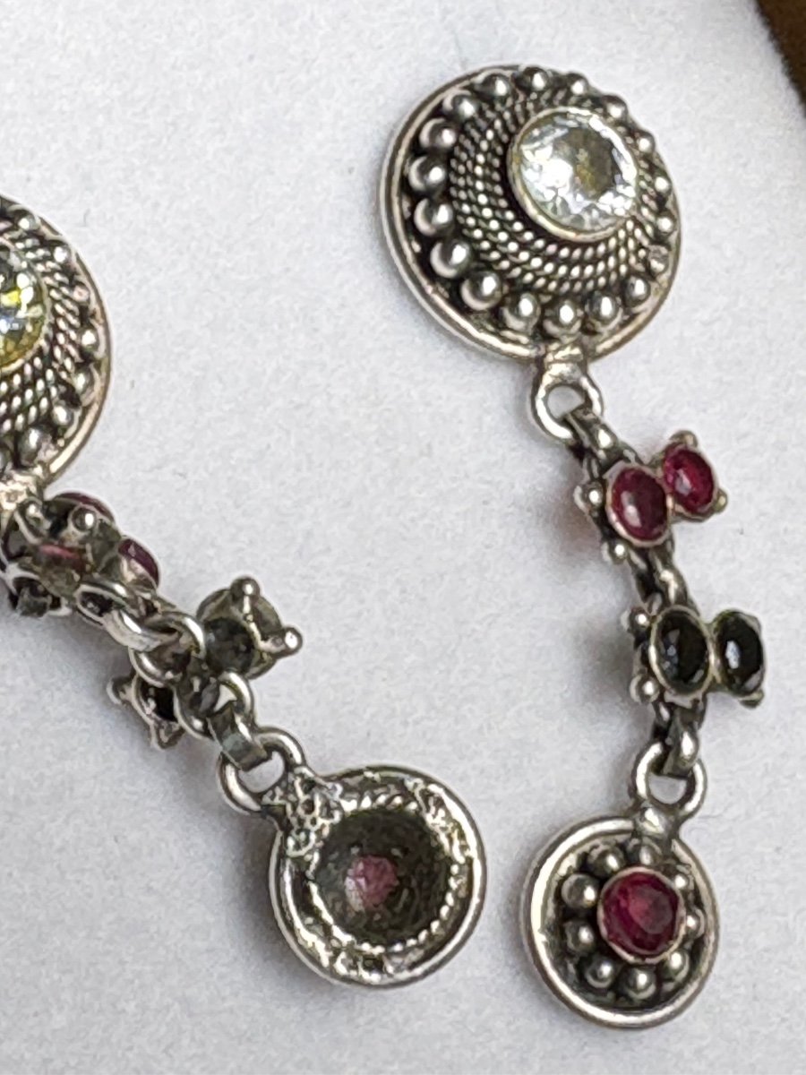 Paire De Boucles D’oreille En Argent Massif, Grenats Onyx Et Quartz  Étrangers Vers 1980-photo-3