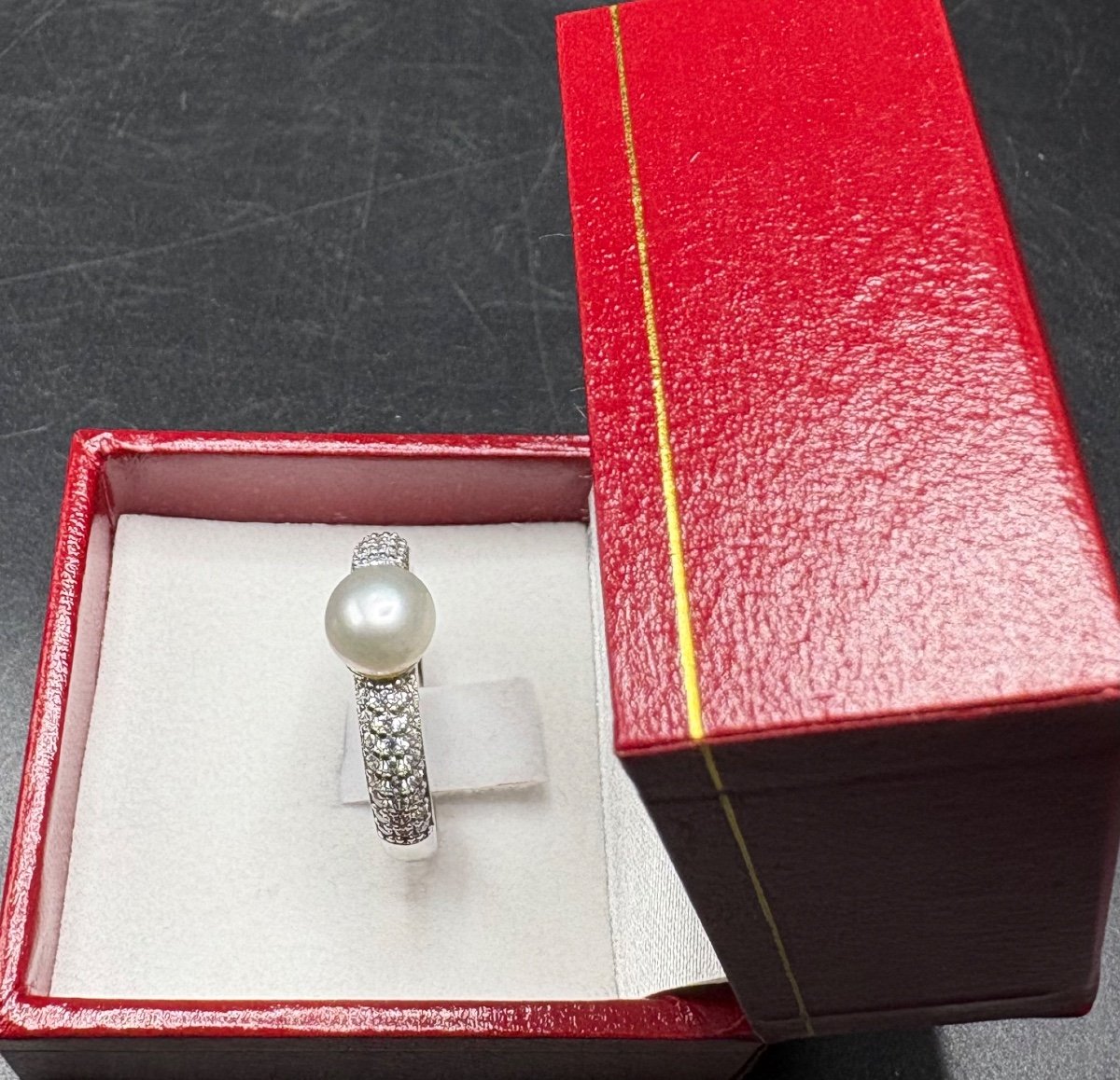 Bague En Argent Massif Rodié Perle De Culture, Pavage D’oxydes De Zirconium Française Vers 1980-photo-3