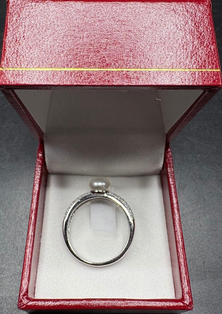 Bague En Argent Massif Rodié Perle De Culture, Pavage D’oxydes De Zirconium Française Vers 1980-photo-4