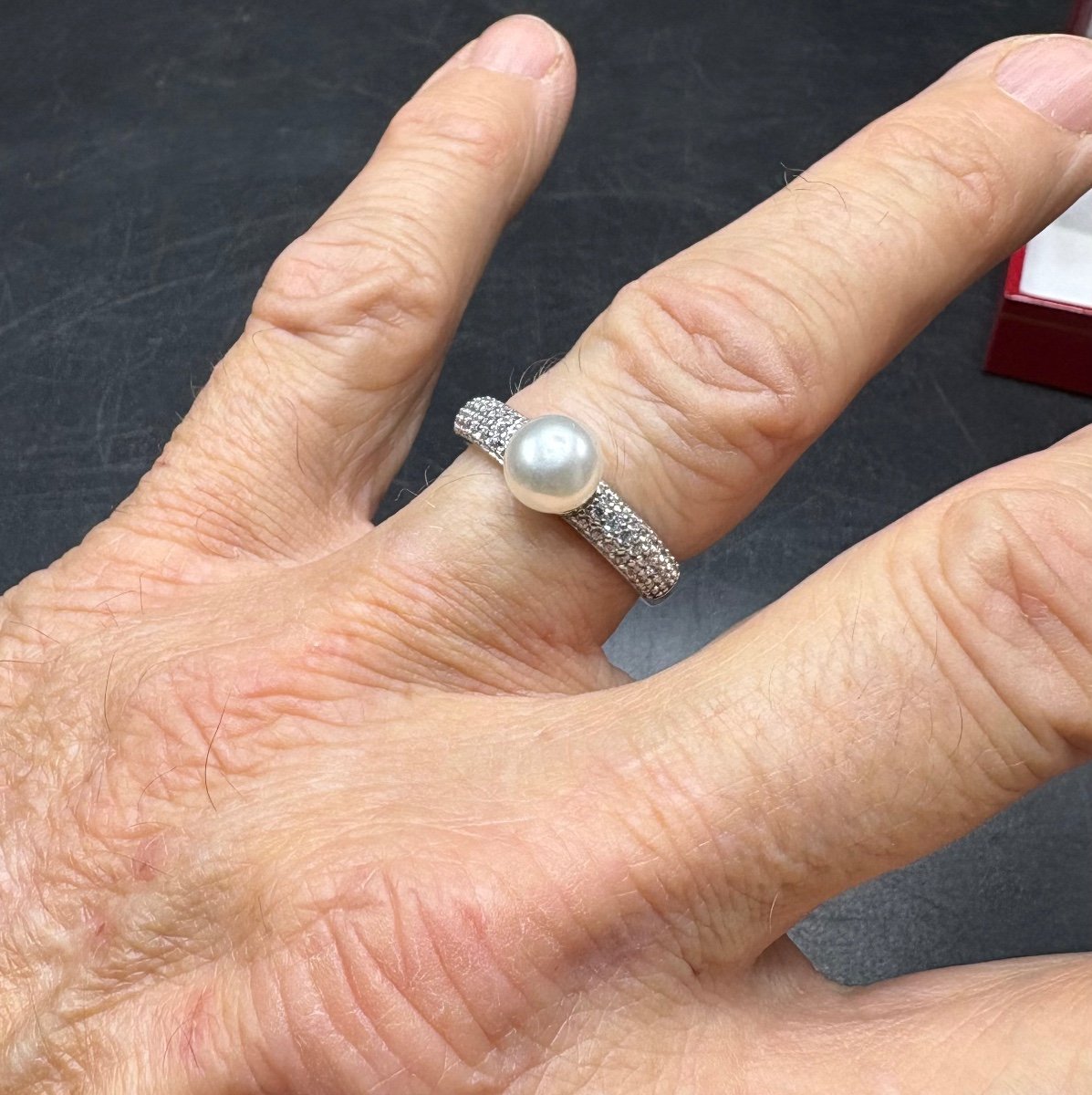 Bague En Argent Massif Rodié Perle De Culture, Pavage D’oxydes De Zirconium Française Vers 1980-photo-2