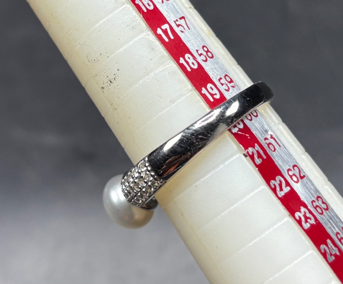 Bague En Argent Massif Rodié Perle De Culture, Pavage D’oxydes De Zirconium Française Vers 1980-photo-3