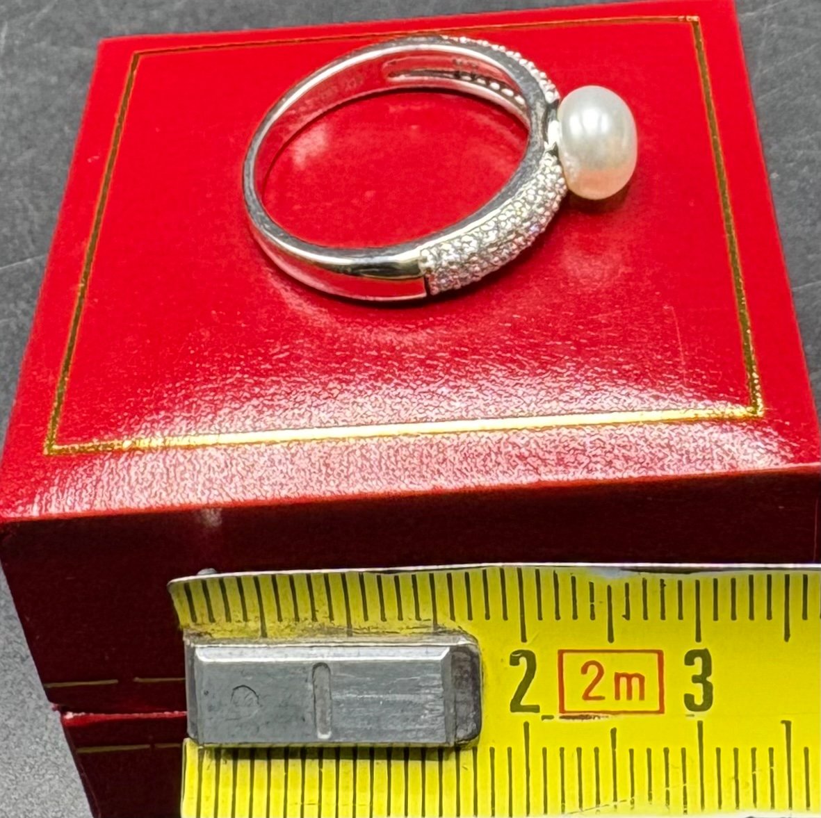 Bague En Argent Massif Rodié Perle De Culture, Pavage D’oxydes De Zirconium Française Vers 1980-photo-5