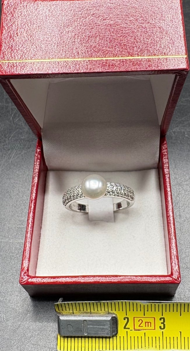 Bague En Argent Massif Rodié Perle De Culture, Pavage D’oxydes De Zirconium Française Vers 1980-photo-6