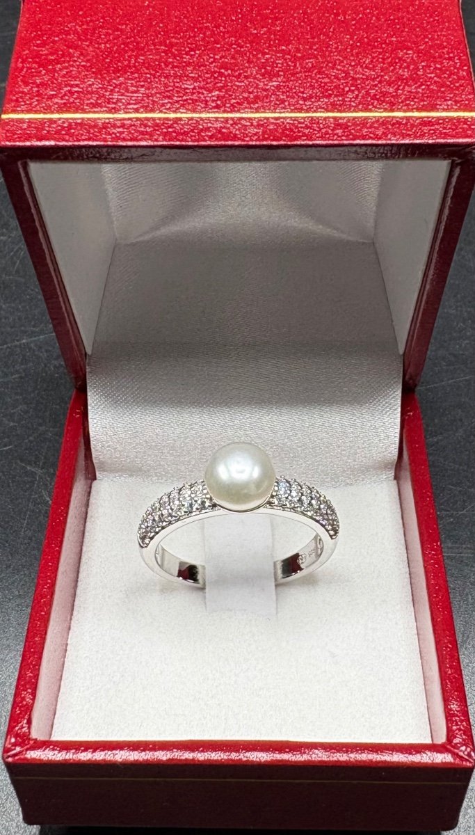 Bague En Argent Massif Rodié Perle De Culture, Pavage D’oxydes De Zirconium Française Vers 1980