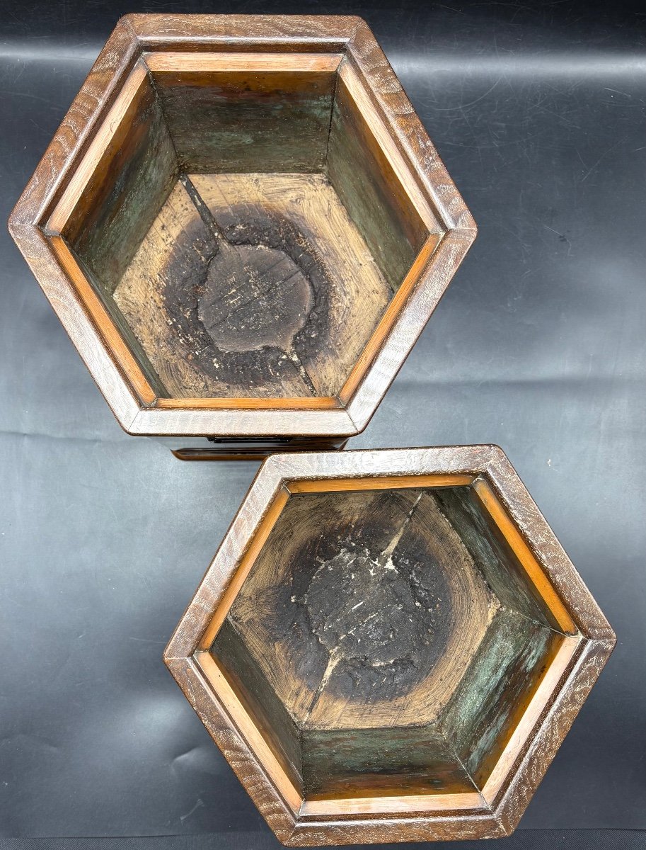 A Pair Of Japanese Rosewood And Copper Lacquered Hibachi From The 1930s-photo-5