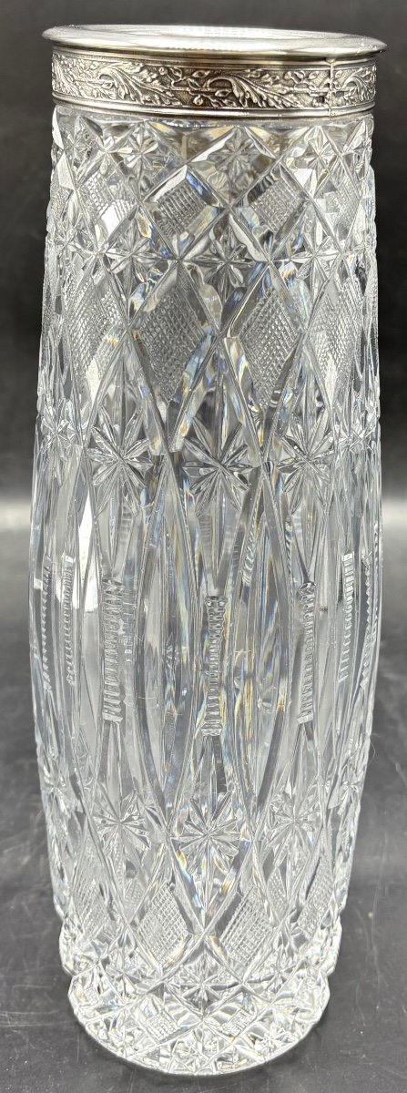 Vase En Cristal Soufflé Taillé Et Argent Massif Russe Vers 1958-photo-2