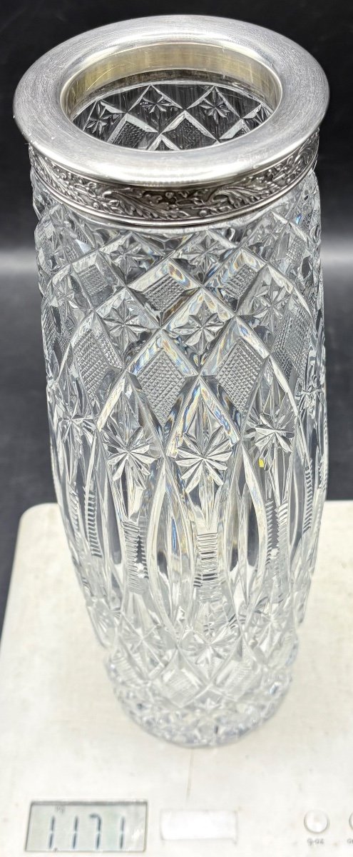 Vase En Cristal Soufflé Taillé Et Argent Massif Russe Vers 1958-photo-7