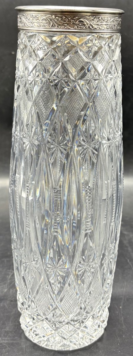Vase En Cristal Soufflé Taillé Et Argent Massif Russe Vers 1958