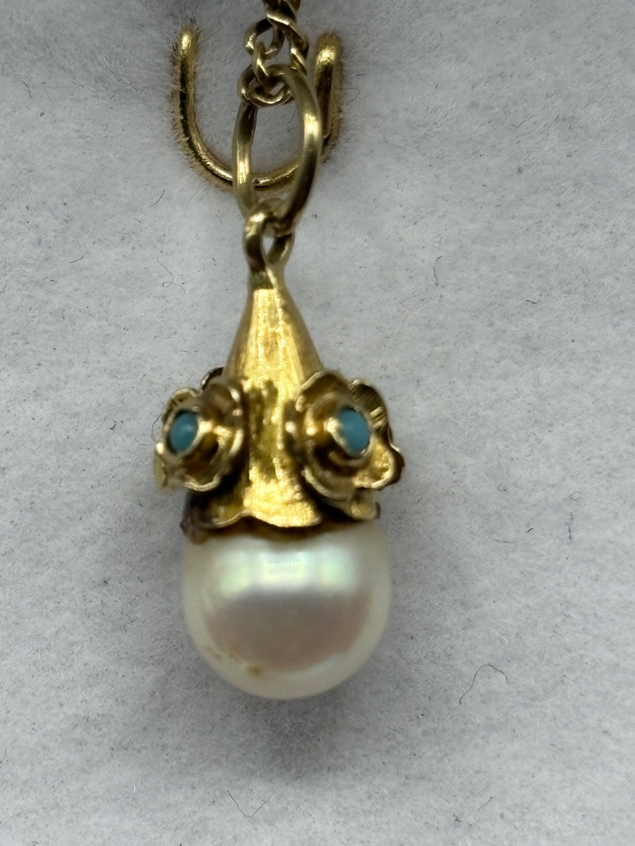 Pendentif En Or 18 Carats Perle Naturelle Et Turquoise Français Des Années 1920-photo-3