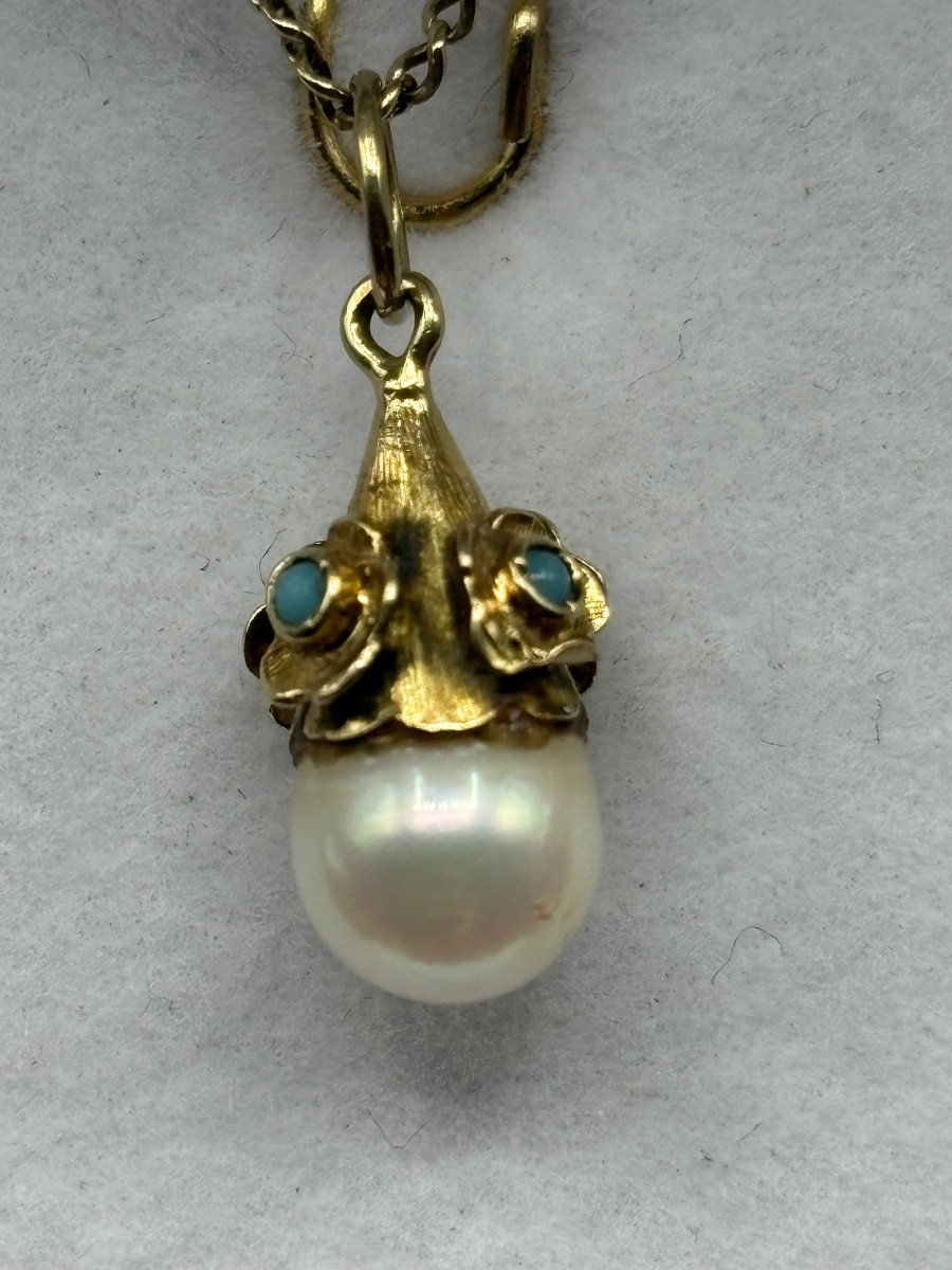 Pendentif En Or 18 Carats Perle Naturelle Et Turquoise Français Des Années 1920-photo-4