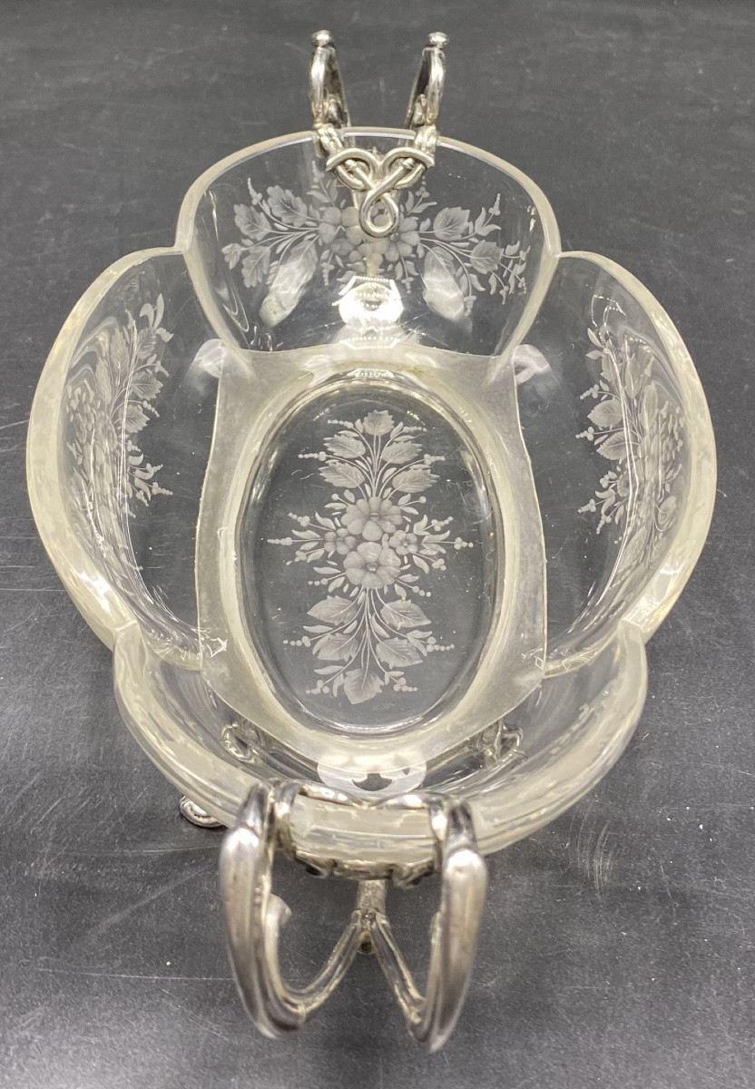 Petite Jardinière En Cristal Soufflé Gravé Montée Argent Massif Fin XIXème Saint Louis &-photo-4
