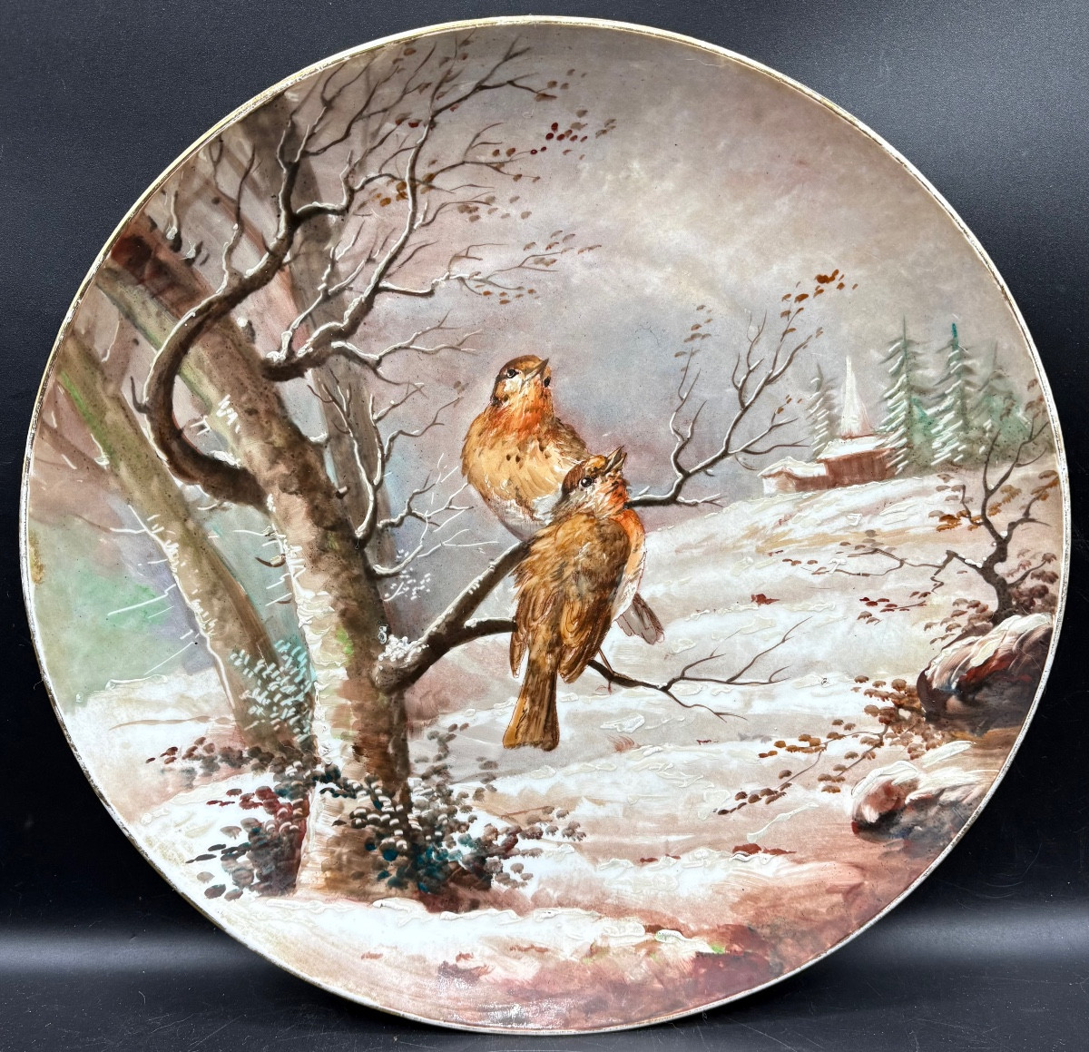 Large Decorative Plate In Painted Enamel Porcelain, Old Paris, Late 19th Century