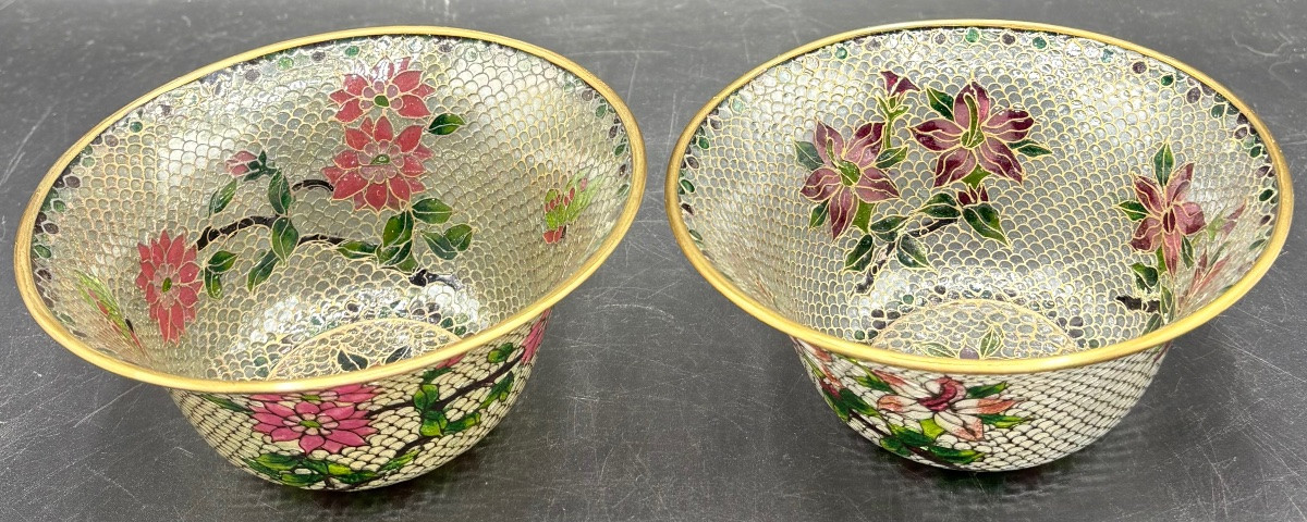 DEUX COUPES EN LAITON DORÉ ET ÉMAIL EN PLIQUE À JOUR DES ANNÉES 1950/60 CHINOISE-photo-4