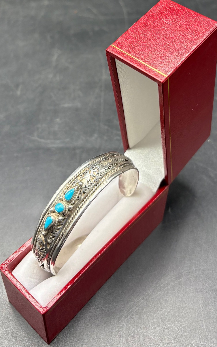 1960s/70s Indian Turquoise Sterling Silver Open Bangles-photo-2