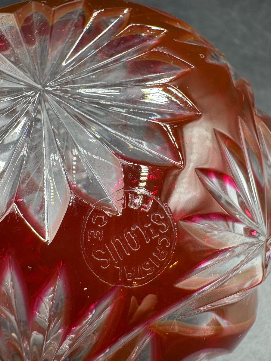 Small 1930s Saint Louis Overlay Cut Blown Crystal Ball Vase -photo-1