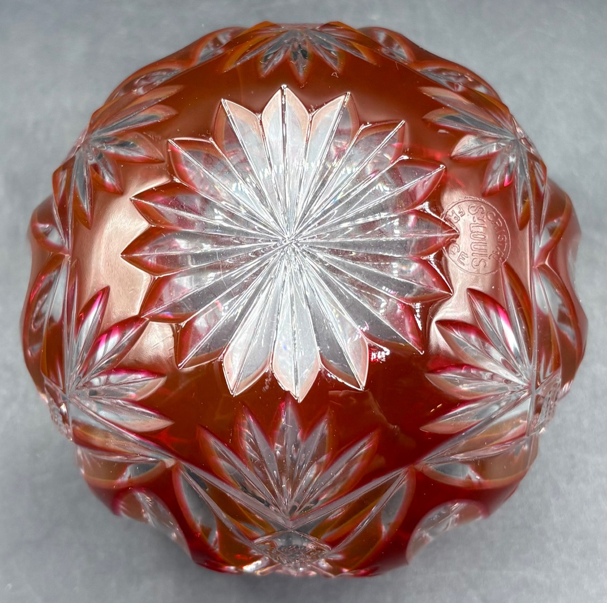 Small 1930s Saint Louis Overlay Cut Blown Crystal Ball Vase -photo-2