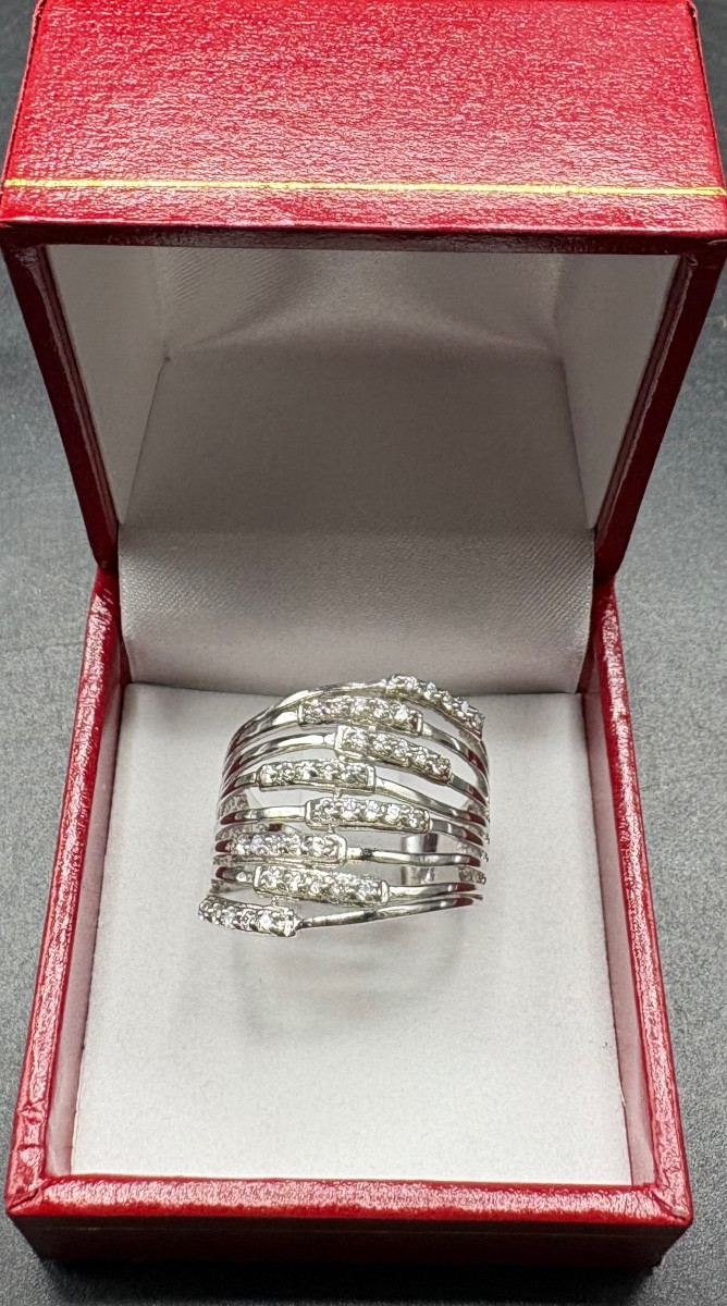 BAGUE EN ARGENT MASSIF ET OXYDES DE ZIRCONIUM FRANÇAIS DES ANNÉES 1980
