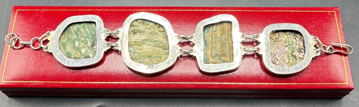 BRACELET EN ARGENT MASSIF ET NACRE DES ANNÉES 1960/70 FRANÇAIS -photo-2