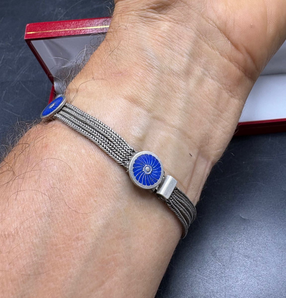 BRACELET MIXTE SOUPLE EN ARGENT MASSIF ET ÉMAIL DES ANNÉES 1930 EUROPÉEN -photo-1