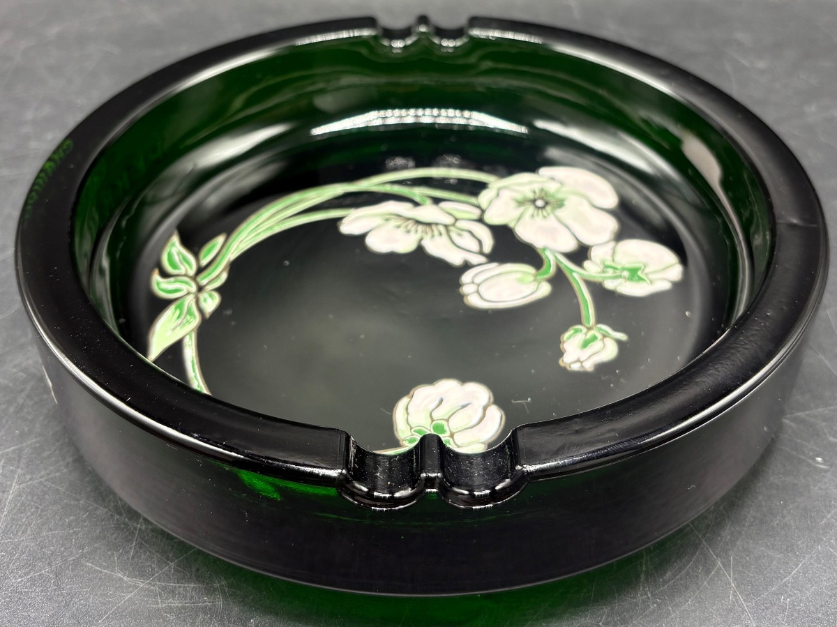 CENDRIER PUBLICITAIRE EN VERRE SOUFFLÉ MOULÉ ÉMAILLÉ POUR PERRIER JOUËT VERS 1960-photo-2