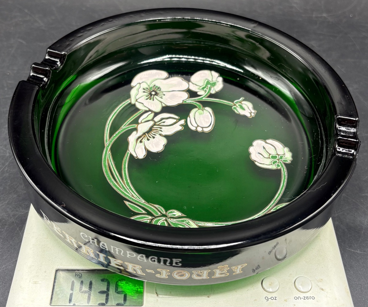 CENDRIER PUBLICITAIRE EN VERRE SOUFFLÉ MOULÉ ÉMAILLÉ POUR PERRIER JOUËT VERS 1960-photo-8