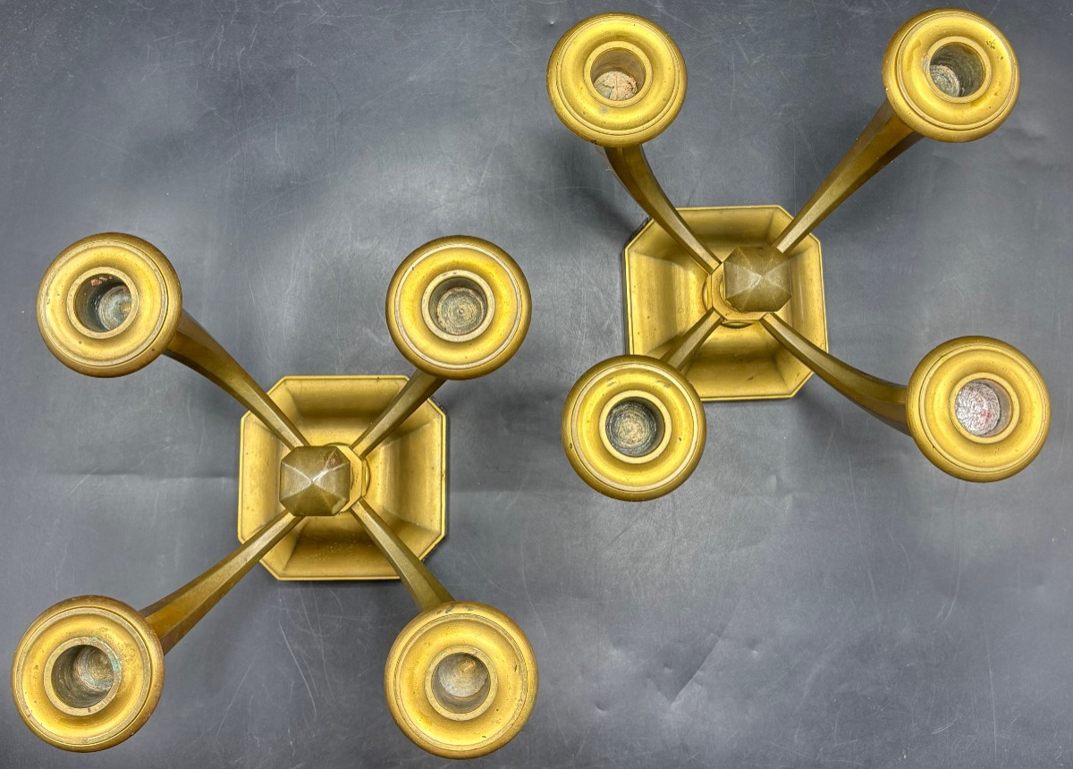 Pair Of 1930s Gilt Bronze Candlesticks By Silversmith Mourrier-photo-4