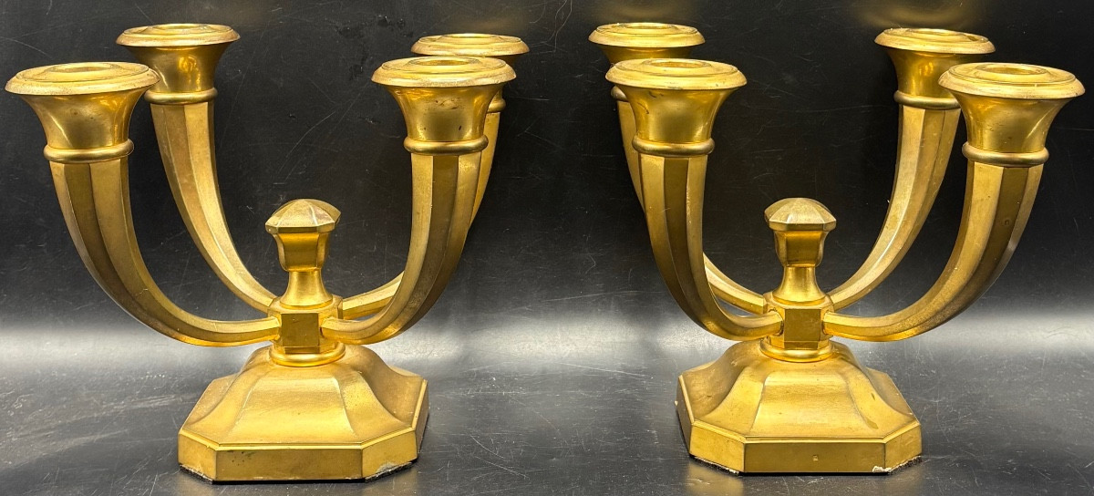 Pair Of 1930s Gilt Bronze Candlesticks By Silversmith Mourrier