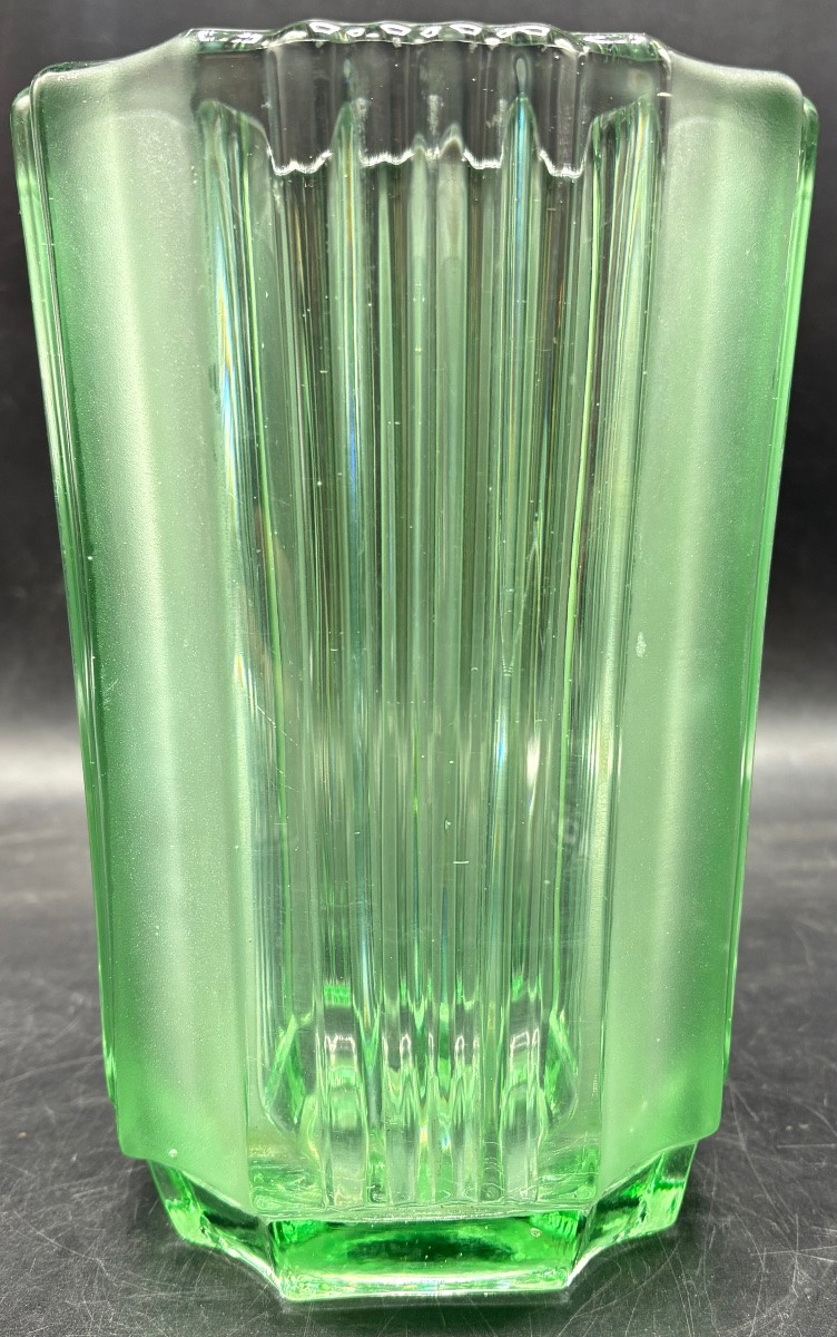 1940s Avesn Molded Pressed Glass Vase With Sandblasted Portions-photo-3