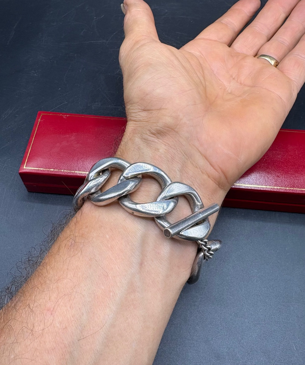 BRACELET GOURMETTE EN MÉTAL ARGENTÉ DES ANNÉES 1960 FRANÇAIS -photo-1