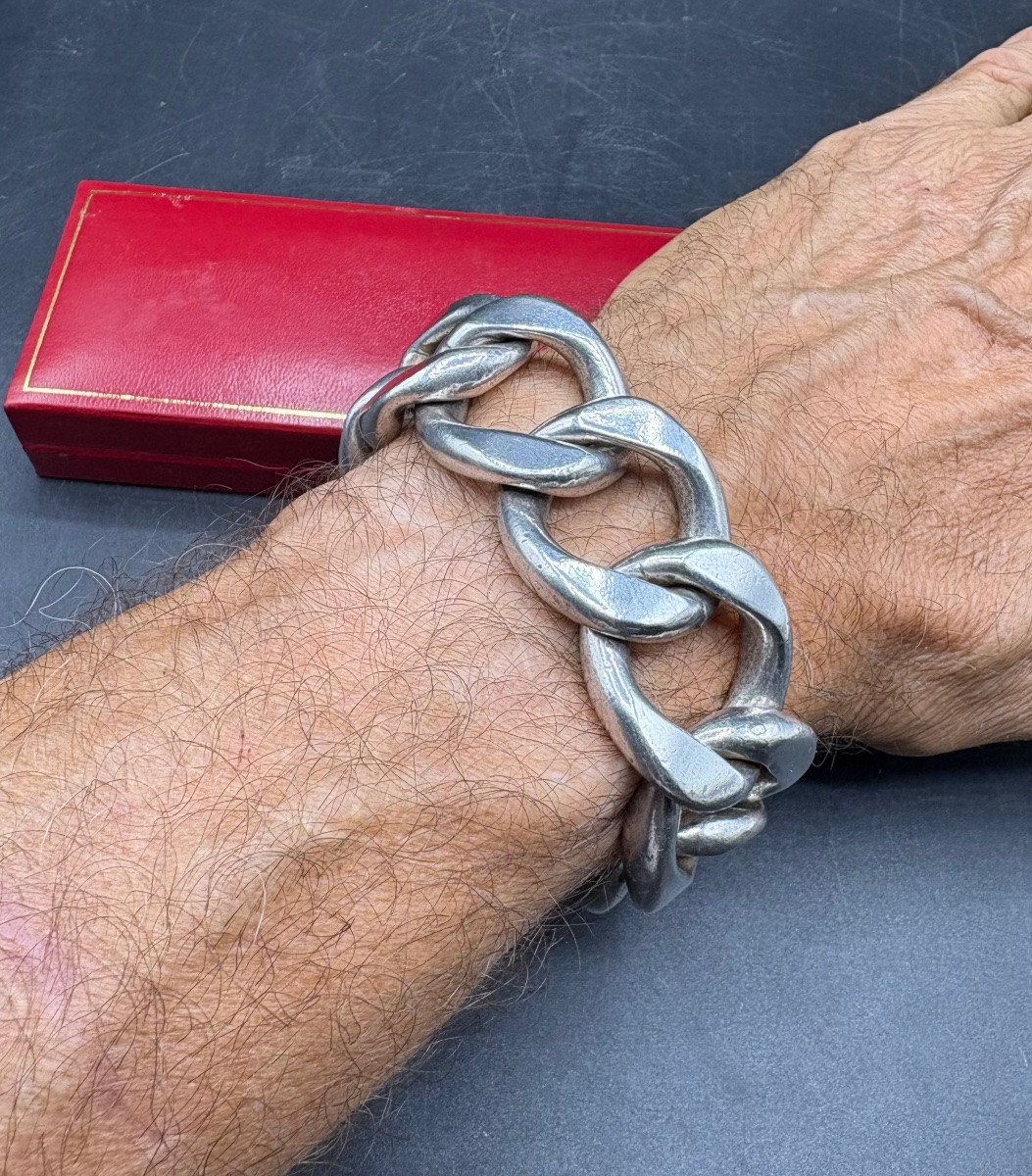 BRACELET GOURMETTE EN MÉTAL ARGENTÉ DES ANNÉES 1960 FRANÇAIS -photo-2