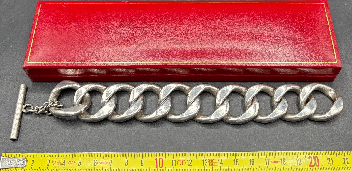BRACELET GOURMETTE EN MÉTAL ARGENTÉ DES ANNÉES 1960 FRANÇAIS -photo-5
