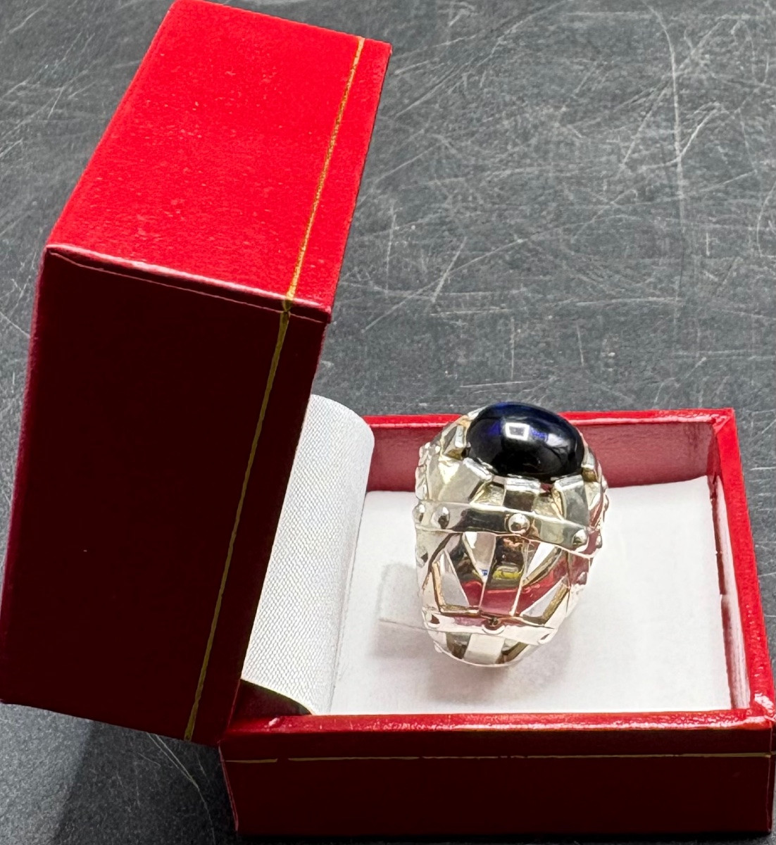 1980s French Solid Silver & Sapphire Men's Signet Ring -photo-3