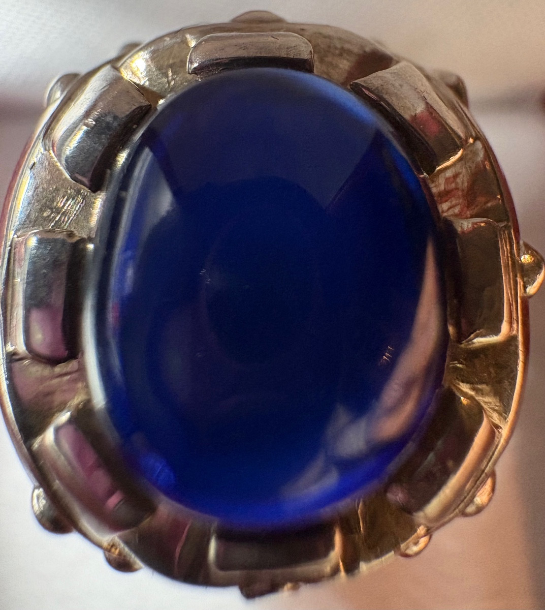 1980s French Solid Silver & Sapphire Men's Signet Ring -photo-2