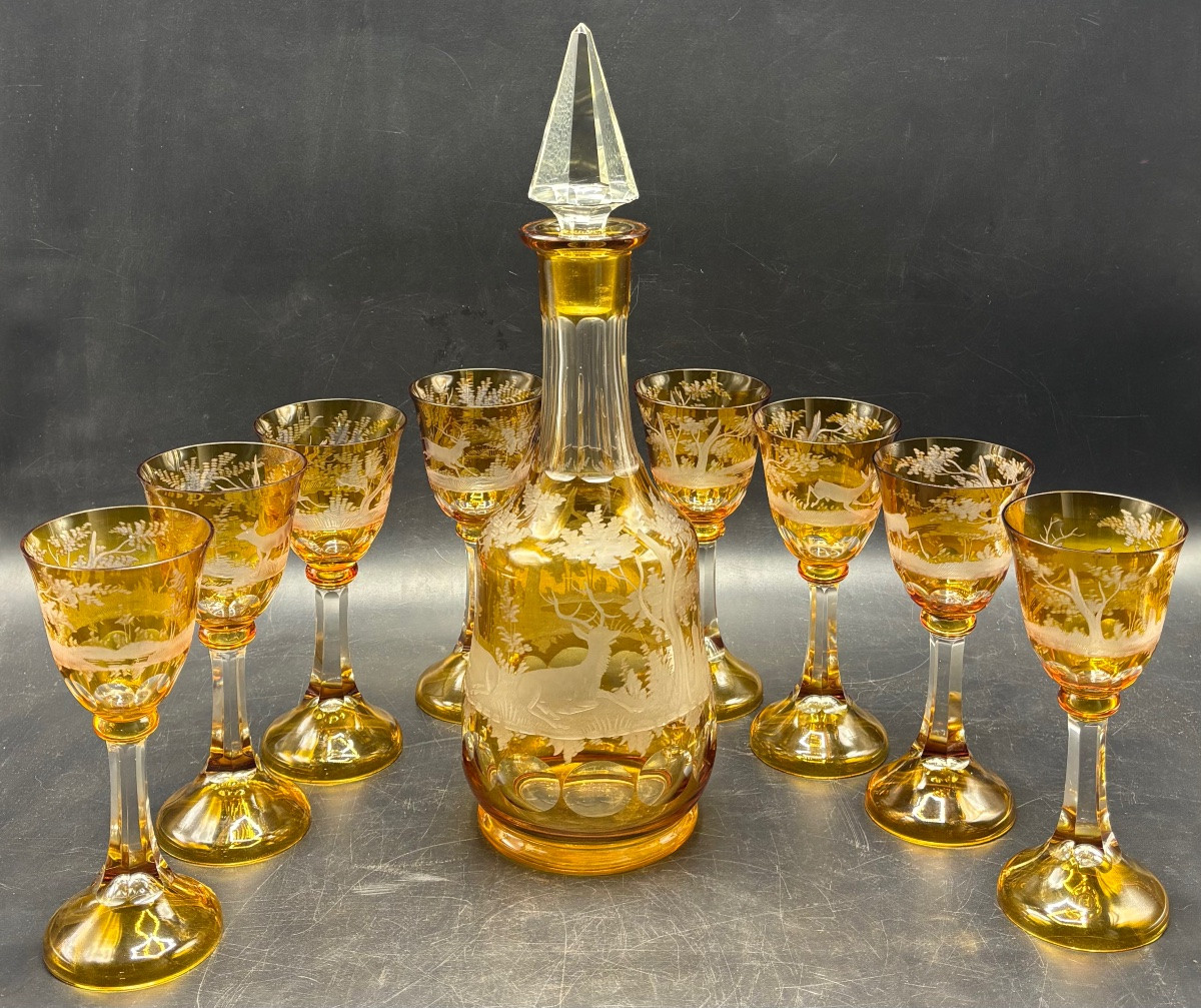 SERVICE À VIN EN CRISTAL SOUFFLÉ GRAVÉ BOHÈME “TCHÉCOSLOVAQUIE”DES ANNÉES 1920/30-photo-2