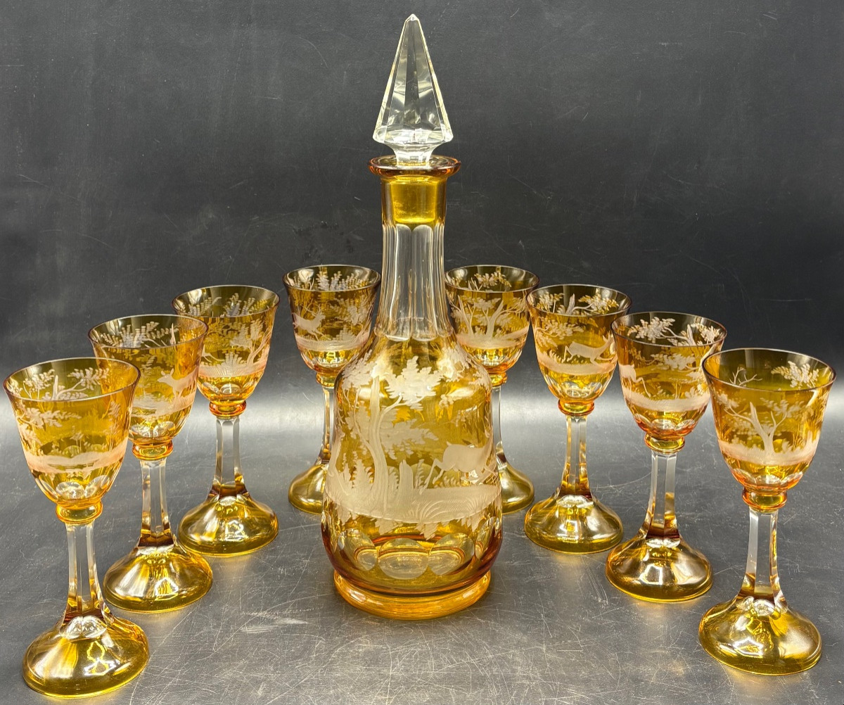 SERVICE À VIN EN CRISTAL SOUFFLÉ GRAVÉ BOHÈME “TCHÉCOSLOVAQUIE”DES ANNÉES 1920/30-photo-4