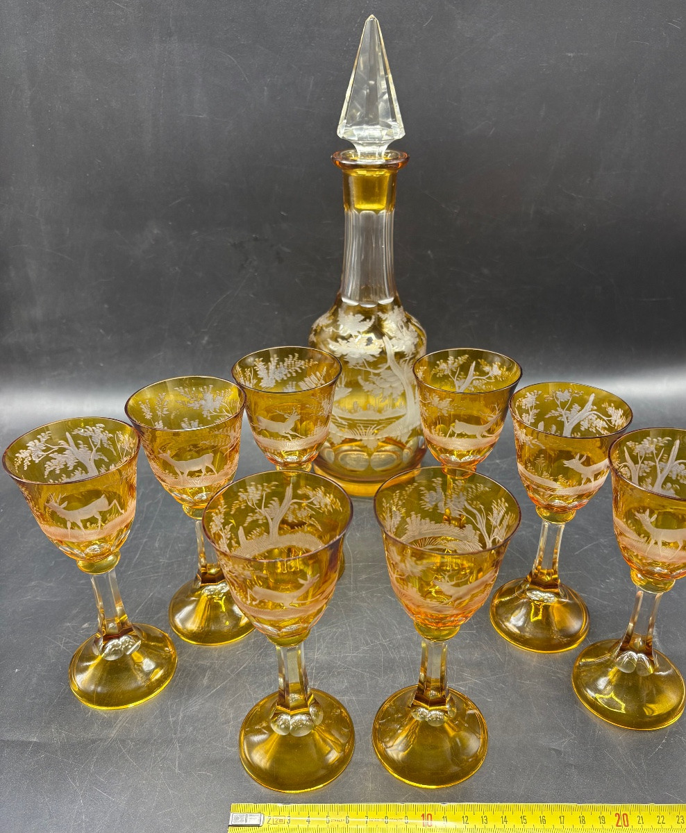 SERVICE À VIN EN CRISTAL SOUFFLÉ GRAVÉ BOHÈME “TCHÉCOSLOVAQUIE”DES ANNÉES 1920/30-photo-7