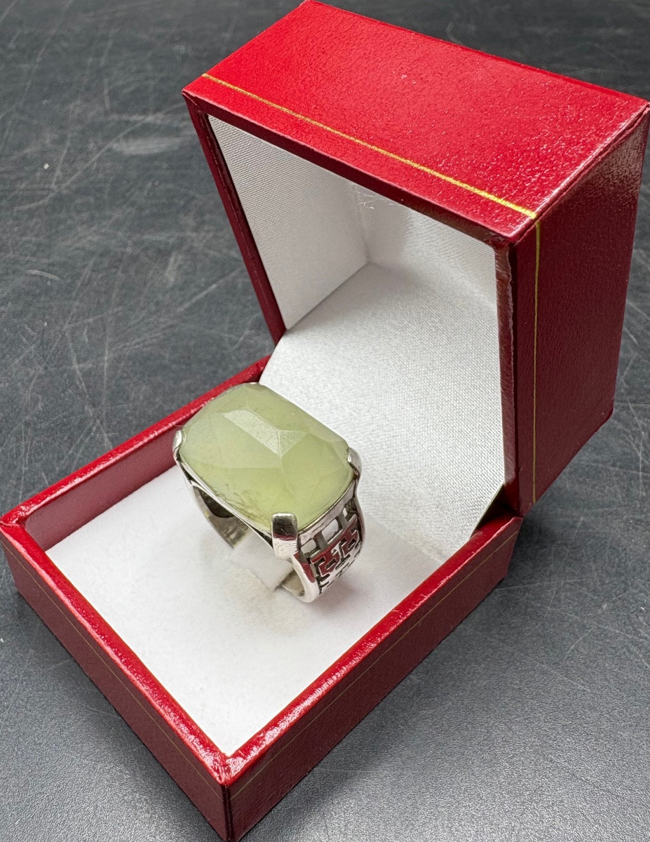 BAGUE HOMME EN ARGENT MASSIF ET CHRYSOPRASE TAILLÉE DES ANNÉES 1960/70 MATY-photo-2